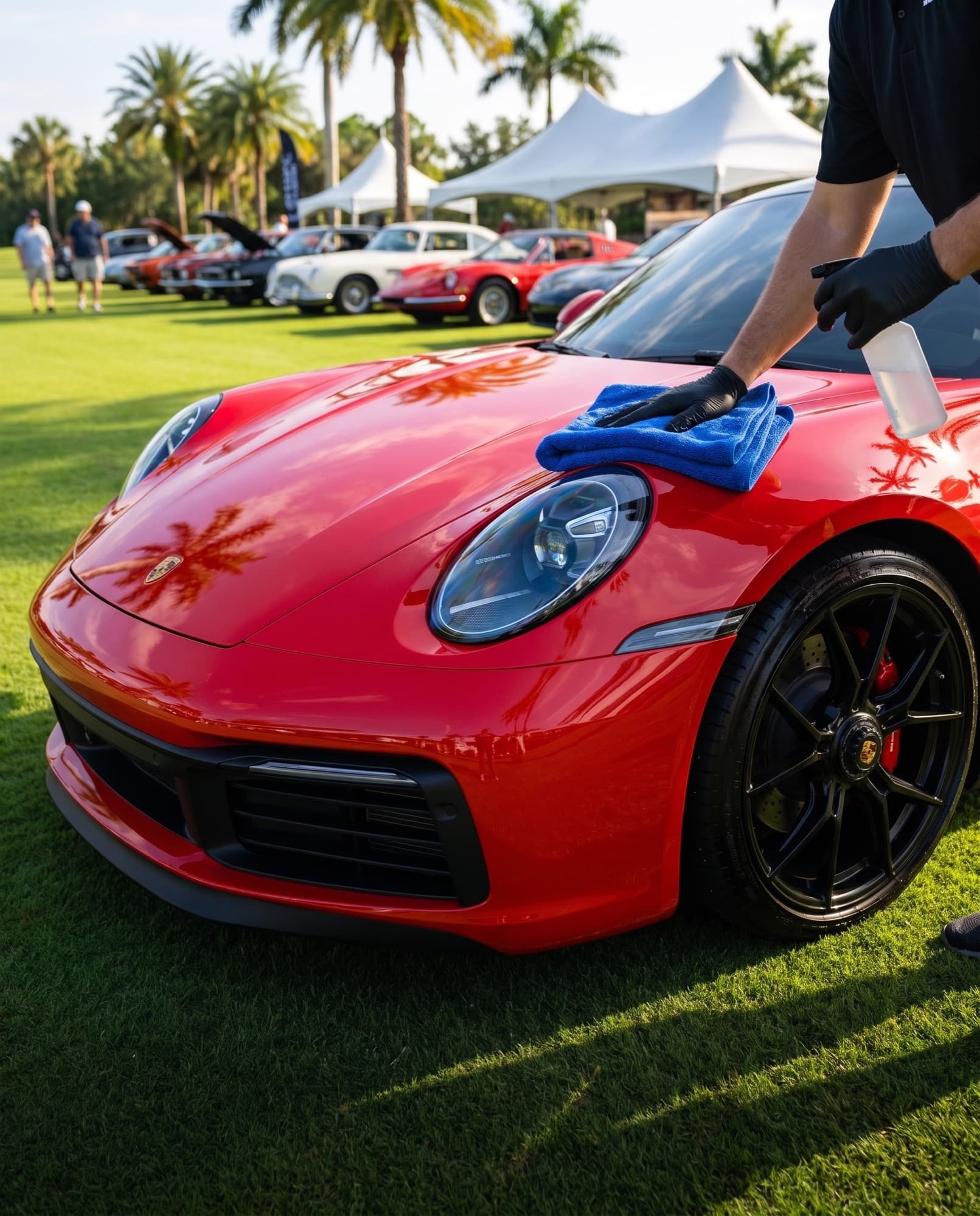 A red Porsche 911 getting a show wipe down on the lawn at a car show